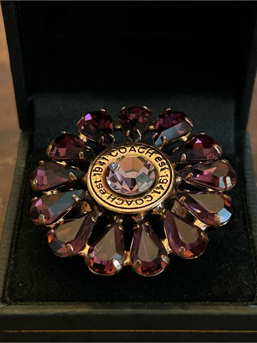 COACH 1941 Flower Cocktail Ring Rose Gold with Purple-Pink Rhinestone Petals